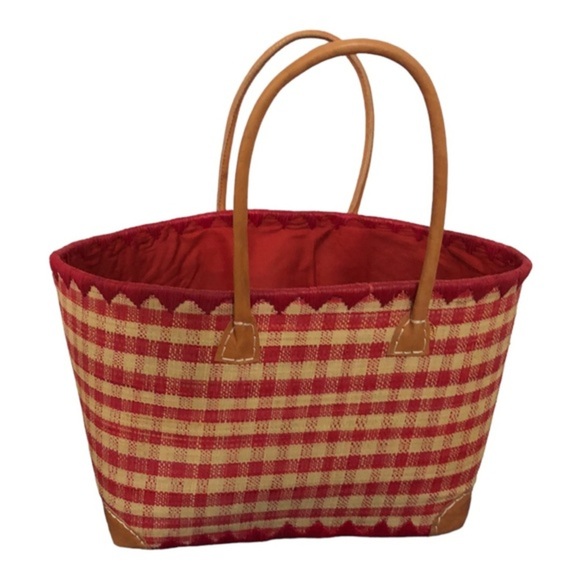 Red checkered Madagascar handcrafted structured raffia large straw wicker tote - Picture 1 of 12